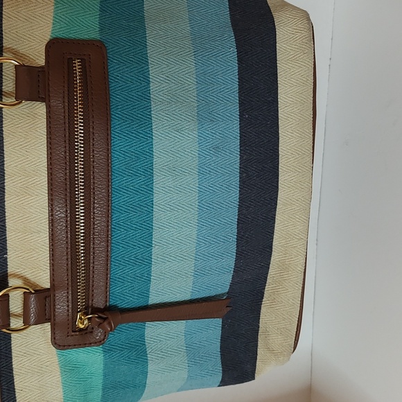 New Multi Turquoise & Blue Striped Shoulder Bag w/ Faux Leather Straps & Bottom - Picture 2 of 7